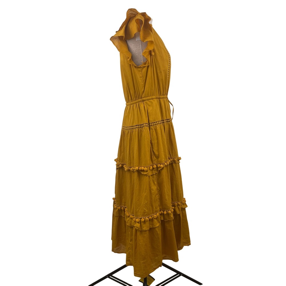 Point Sur J.Crew Mustard Yellow Pom Pom Tiered Midi Dress Womens 8 Cotton Boho - Picture 4 of 13